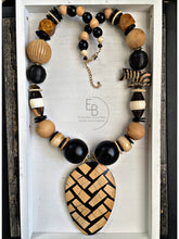 Load image into Gallery viewer, “Safari Noir” Vintage Wood & Bone Bead Abstract Necklace