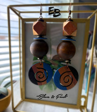 Load image into Gallery viewer, “Blues & Funk” Hand-painted Wood & Bone Dangle Earrings