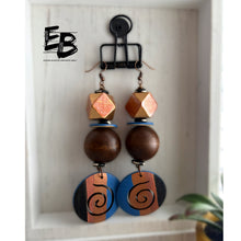 Load image into Gallery viewer, “Blues & Funk” Hand-painted Wood & Bone Dangle Earrings