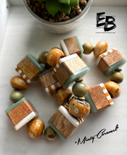 Load image into Gallery viewer, “Minty Caramel” Chunky Wood & Bone Stretch Bracelet