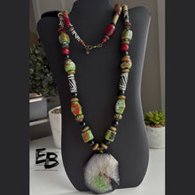 Load image into Gallery viewer, “Prosperous” Long Oriental Style Agate, Horn, Glass & Brass Necklace