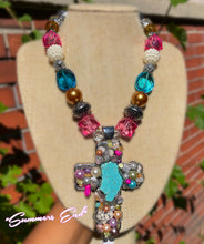Load image into Gallery viewer, “Summers End” Resin & Gemstone Beaded Cross Necklace
