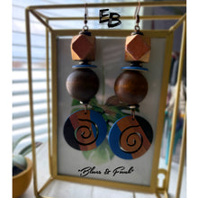 Load image into Gallery viewer, “Blues & Funk” Hand-painted Wood & Bone Dangle Earrings