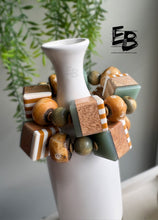 Load image into Gallery viewer, “Minty Caramel” Chunky Wood & Bone Stretch Bracelet