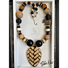 Load image into Gallery viewer, “Safari Noir” Vintage Wood & Bone Bead Abstract Necklace