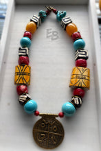 Load image into Gallery viewer, “Tribal Festivity” Turquoise, Bone & Brass Statement Necklace
