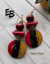 Load image into Gallery viewer, “Sun Fire” Handpainted Wood Dangle Earrings