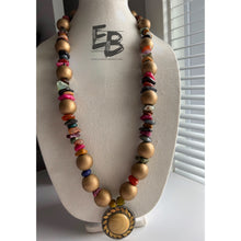 Load image into Gallery viewer, “Glorious Golden Sunrise” Long Wood and Agate Necklace with Tibetan Pendant