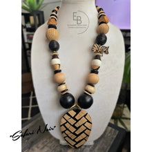Load image into Gallery viewer, “Safari Noir” Vintage Wood & Bone Bead Abstract Necklace