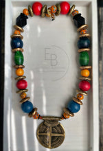 Load image into Gallery viewer, “Brilliante” Vibrant Vintage Wood, Ceramic and Brass Statement Necklace