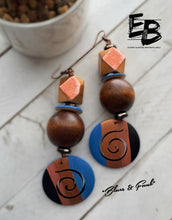 Load image into Gallery viewer, “Blues & Funk” Hand-painted Wood & Bone Dangle Earrings