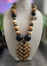 Load image into Gallery viewer, “Safari Noir” Vintage Wood & Bone Bead Abstract Necklace