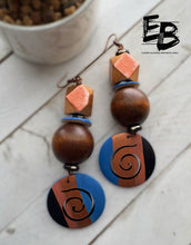 Load image into Gallery viewer, “Blues & Funk” Hand-painted Wood & Bone Dangle Earrings