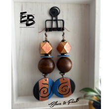 Load image into Gallery viewer, “Blues & Funk” Hand-painted Wood & Bone Dangle Earrings