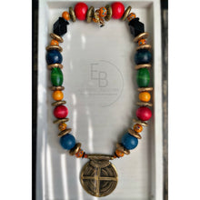 Load image into Gallery viewer, “Brilliante” Vibrant Vintage Wood, Ceramic and Brass Statement Necklace