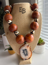 Load image into Gallery viewer, “Earth’s Release” MEGA Abstract Wood and Bone Necklace w/ Agate Pendant 