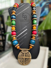 Load image into Gallery viewer, “Brilliante” Vibrant Vintage Wood, Ceramic and Brass Statement Necklace