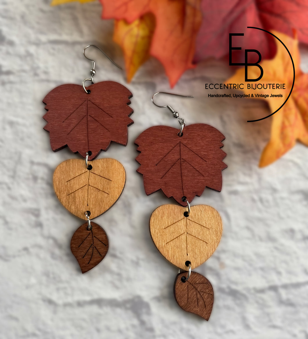 Wooden 3 Tier Leaf Dangle Earrings