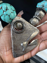 Load image into Gallery viewer, “Turk Horizons” Abstract Handcrafted Silver &amp; Turquoise Statement Necklace
