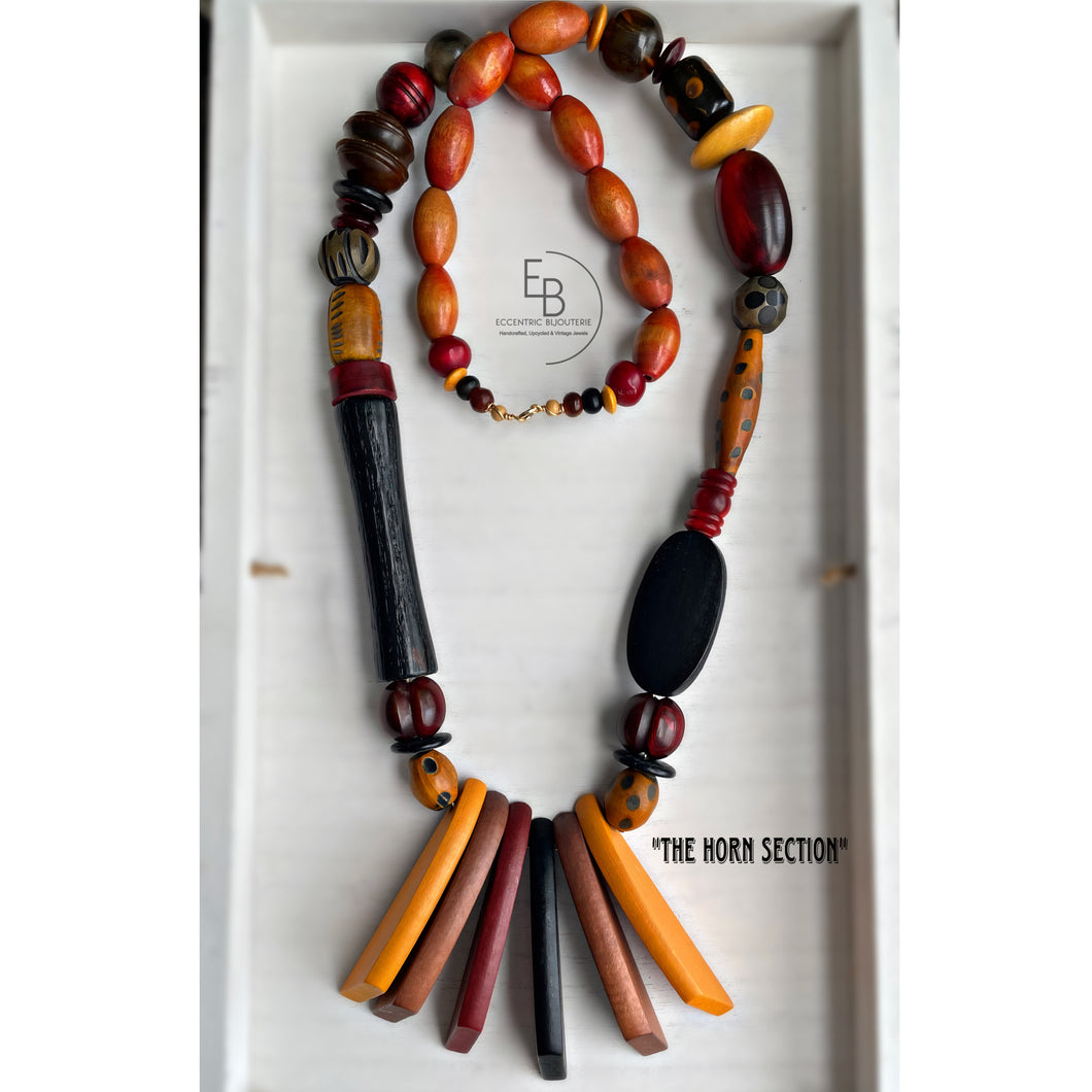 “The Horn Section” Long Wood & Horn Abstract Necklace