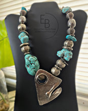Load image into Gallery viewer, “Turk Horizons” Abstract Handcrafted Silver &amp; Turquoise Statement Necklace
