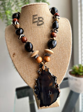 Load image into Gallery viewer, “Hot Coals” Rugged Cut Agate, Wood &amp; Brass Necklace
