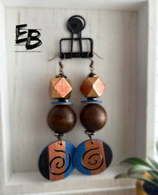 Load image into Gallery viewer, “Blues &amp; Funk” Hand-painted Wood &amp; Bone Dangle Earrings
