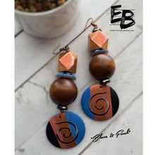 Load image into Gallery viewer, “Blues &amp; Funk” Hand-painted Wood &amp; Bone Dangle Earrings
