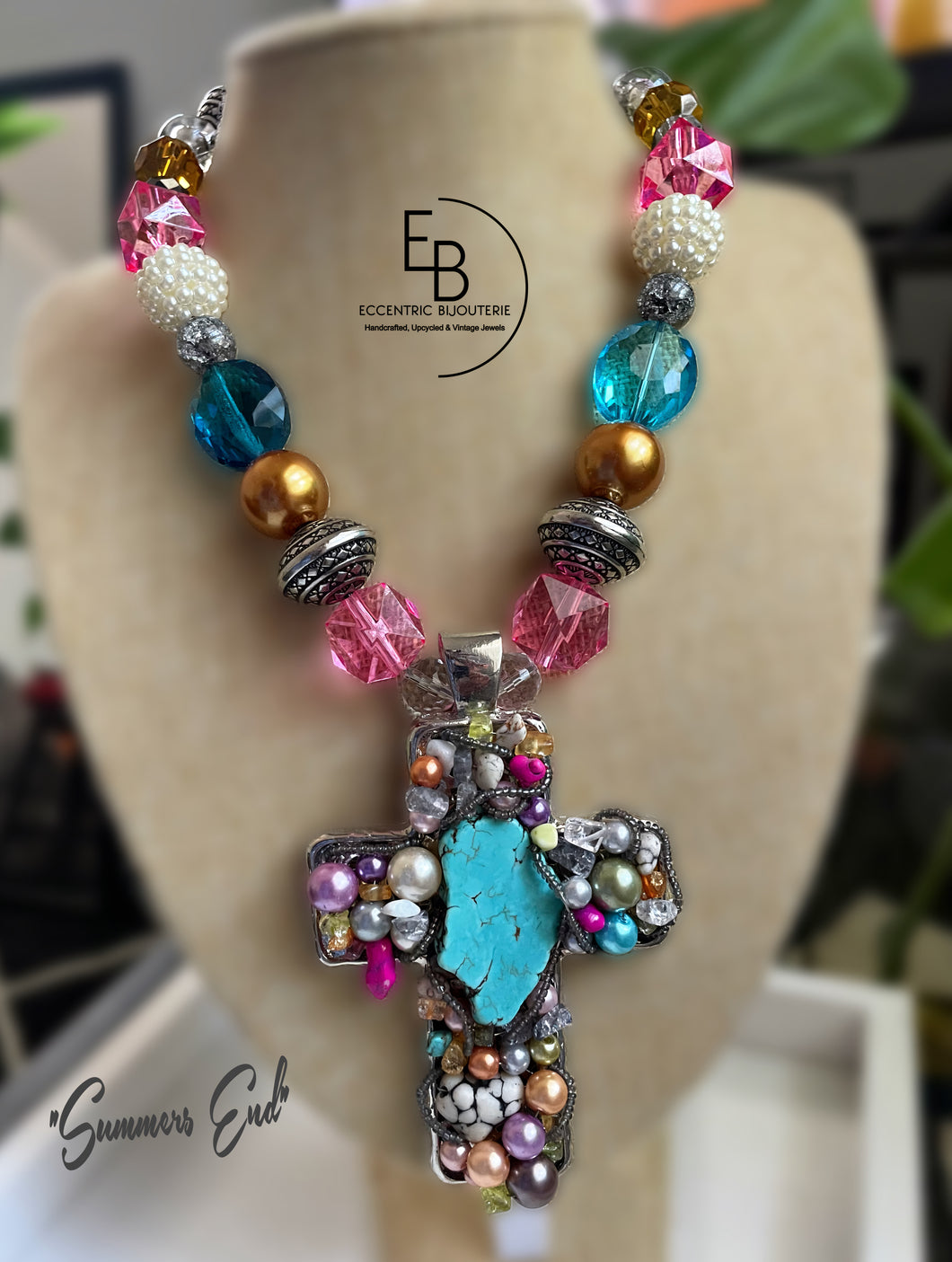 “Summers End” Resin & Gemstone Beaded Cross Necklace