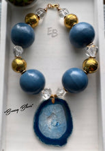 Load image into Gallery viewer, “Brass Blues” Exaggerated Agate, Brass &amp; Wood Statement Necklace
