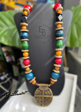 Load image into Gallery viewer, “Brilliante” Vibrant Vintage Wood, Ceramic and Brass Statement Necklace
