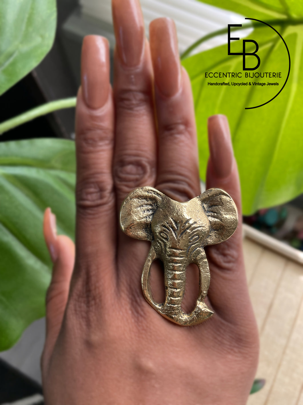 Solid Brass Adjustable Elephant Head Ring