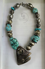 Load image into Gallery viewer, “Turk Horizons” Abstract Handcrafted Silver &amp; Turquoise Statement Necklace
