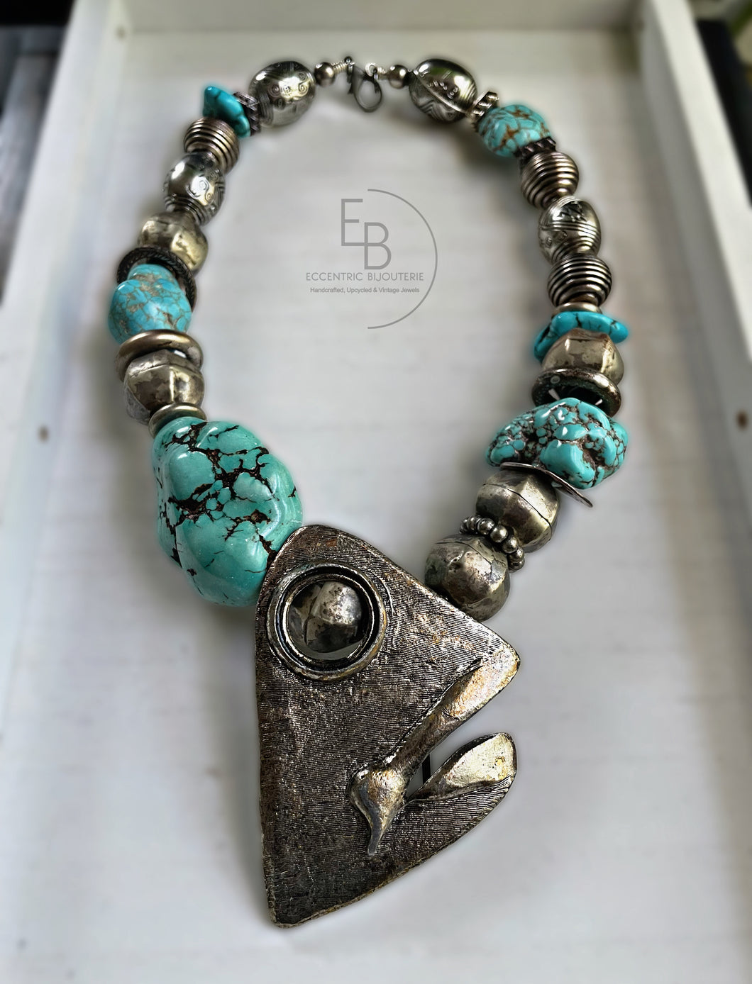 “Turk Horizons” Abstract Handcrafted Silver & Turquoise Statement Necklace