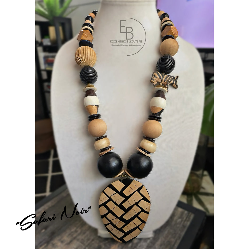 “Safari Noir” Vintage Wood & Bone Bead Abstract Necklace