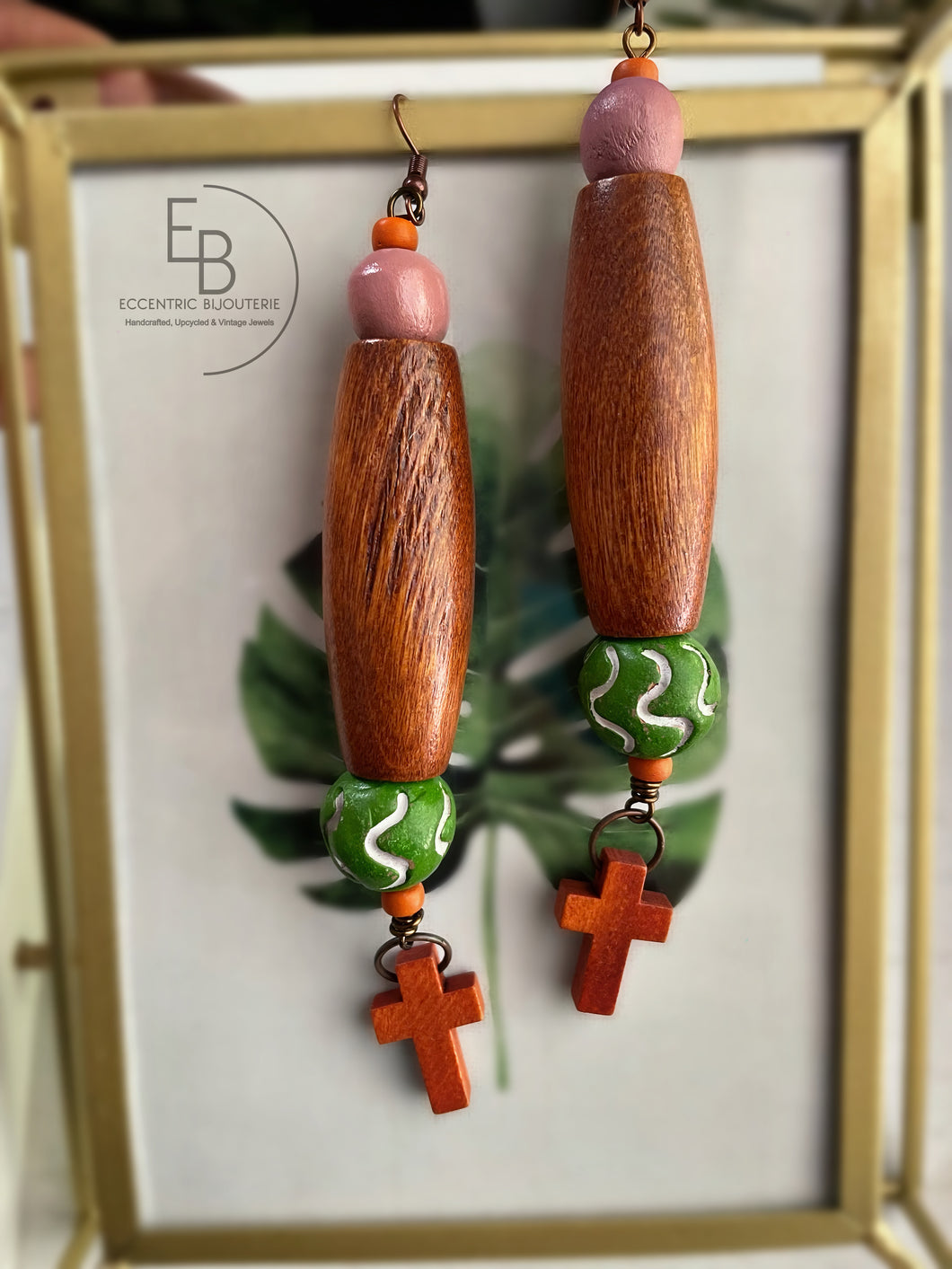 “Johnny Appleseed” Vintage Wood Dangle Earrings
