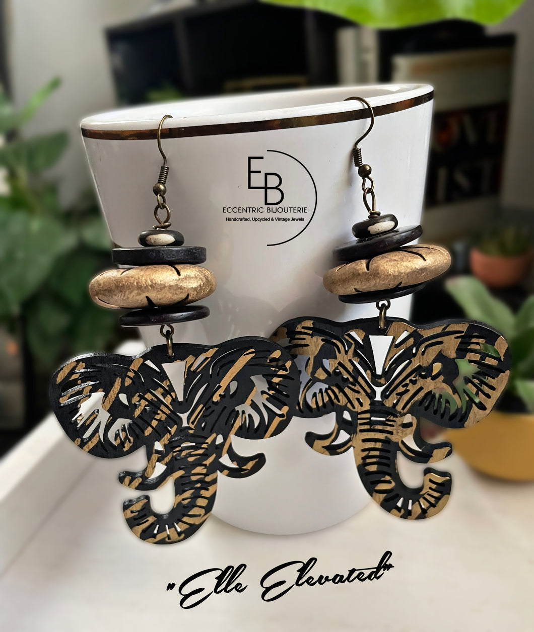 “Elle Elevated” Black & Matte Gold Elephant Earrings