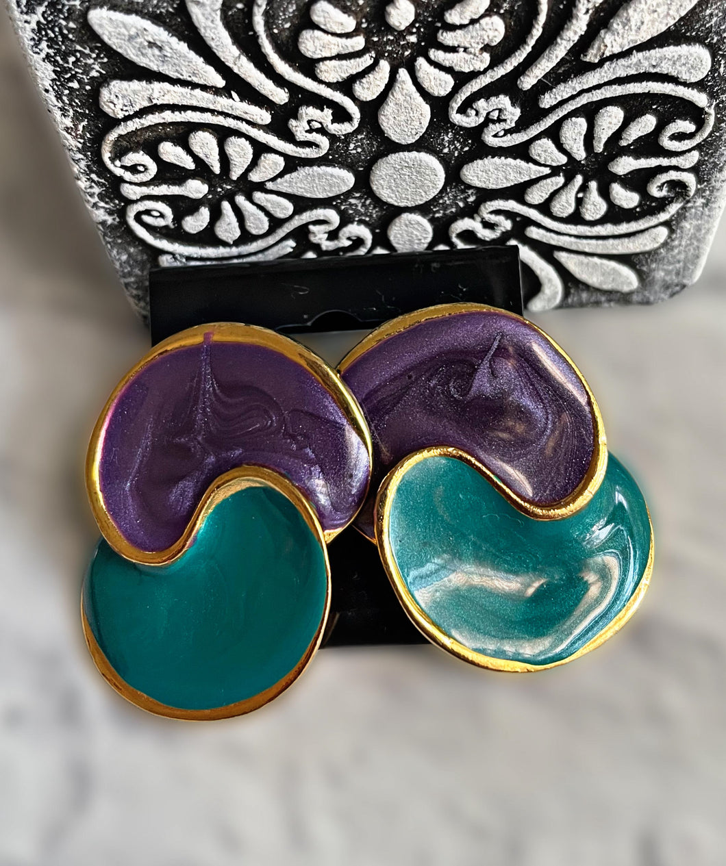 CLIP ON Vintage Gold Teal & Purple Metal Earrings