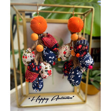 Load image into Gallery viewer, “Happy Autumn” Rustic Patch Work Fabric Dangle Earrings

