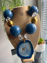 Load image into Gallery viewer, “Brass Blues” Exaggerated Agate, Brass &amp; Wood Statement Necklace
