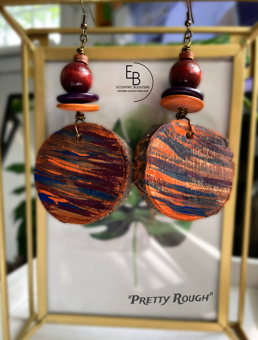 “Pretty Rough” Hand-painted Natural Tree Wood Slice Dangle Earrings