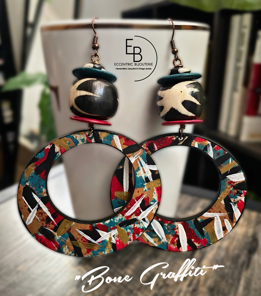 “Bone Graffiti” Hand-Painted Wood & Bone Dangle Earrings