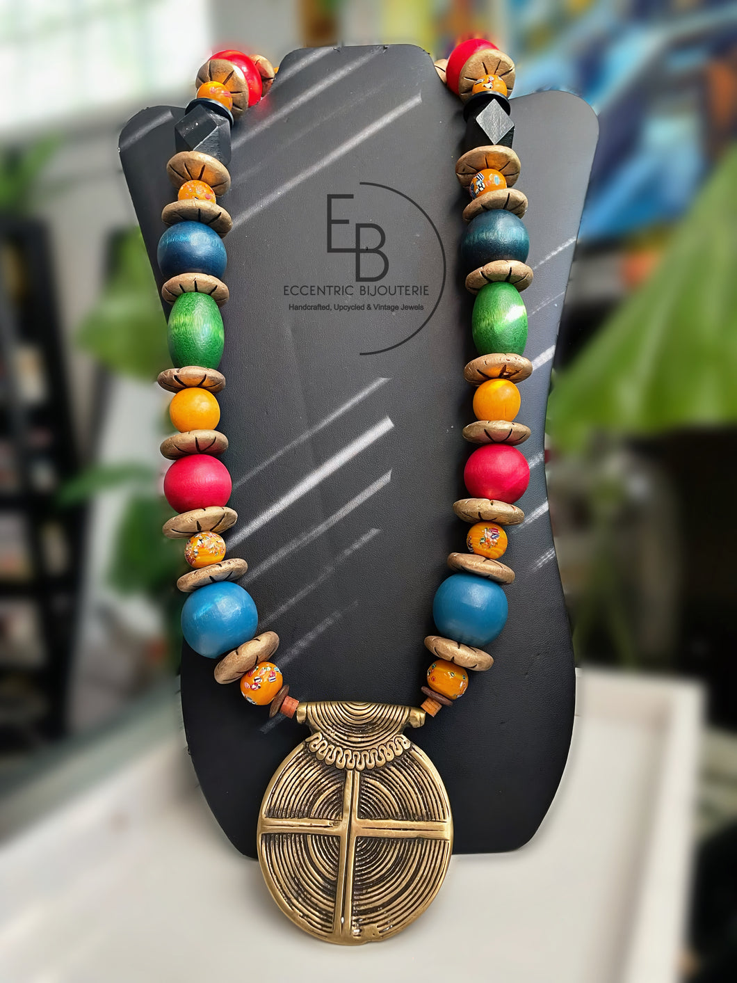 “Brilliante” Vibrant Vintage Wood, Ceramic and Brass Statement Necklace