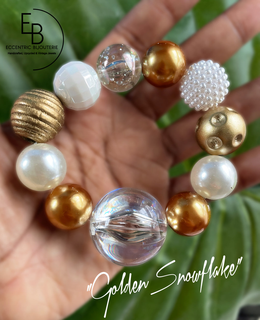 “Golden Snowflake” Pearl Theme Stretch Bracelet