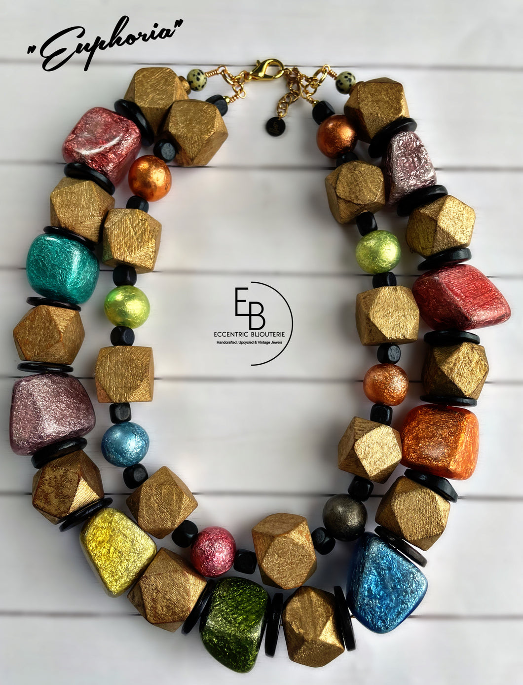 “Euphoria” Chunky Metallic Wood Double Strand Necklace