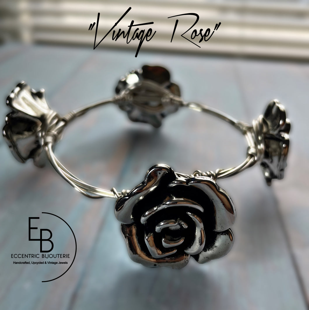 “Vintage Rose” Antique Silver Acrylic Bangle