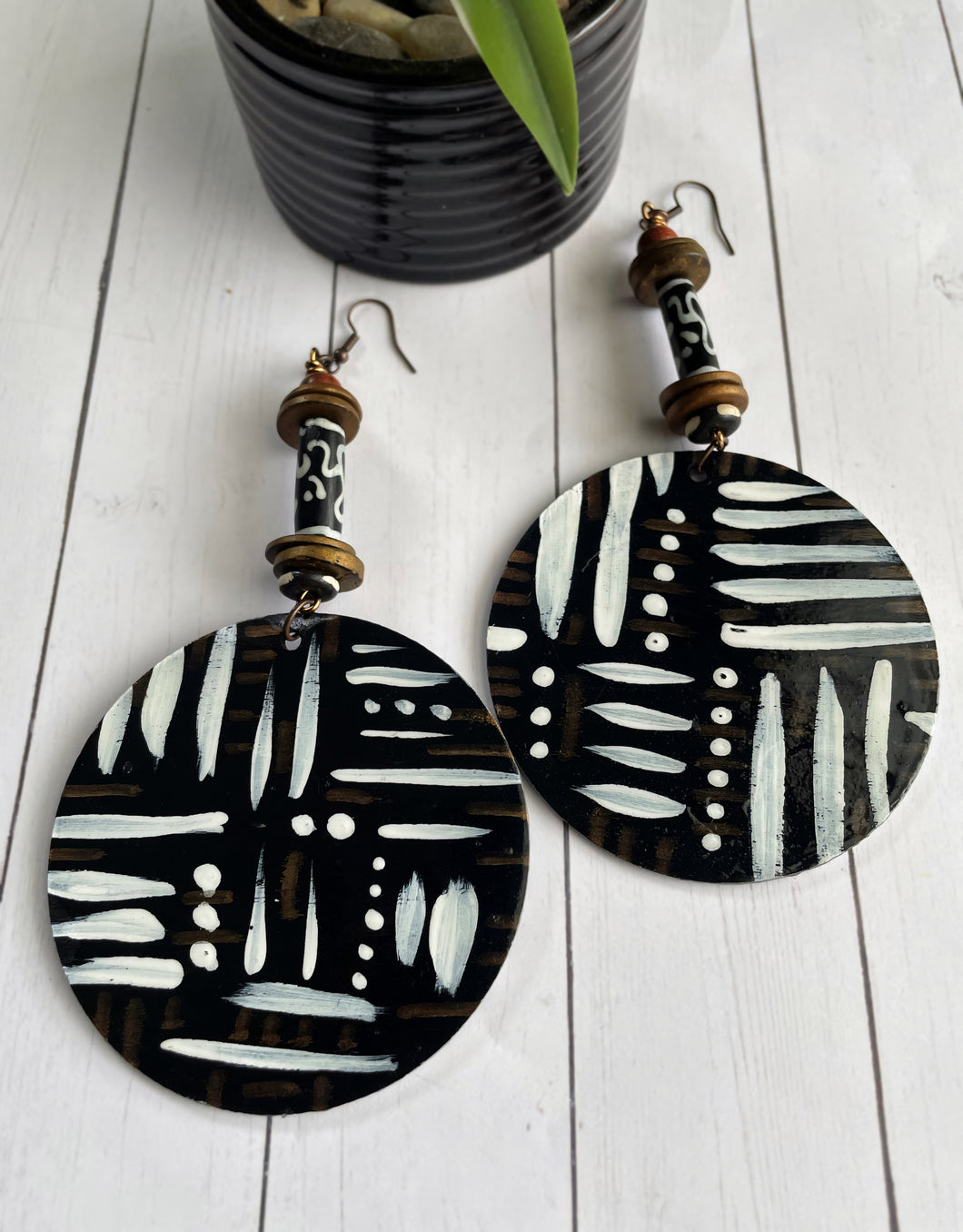“Big Batik” Hand painted Wood Dangle Earrings