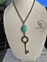 Load image into Gallery viewer, &quot;Rustic Entrance” Long Large Turquoise Stone &amp; Key Charm Necklace
