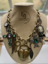 Load image into Gallery viewer, &quot;Queen&#39;s Riches&quot; Emerald Green &amp; Rustic Antique Gold Junk Jewel Charm Necklace
